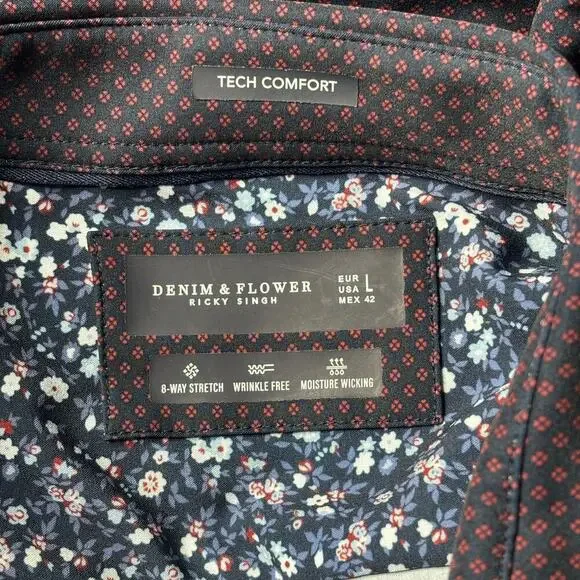 Denim & Flower Men's Tech Comfort Buttondown Shirt Navy Red Dots Size Large - Picture 4 of 6